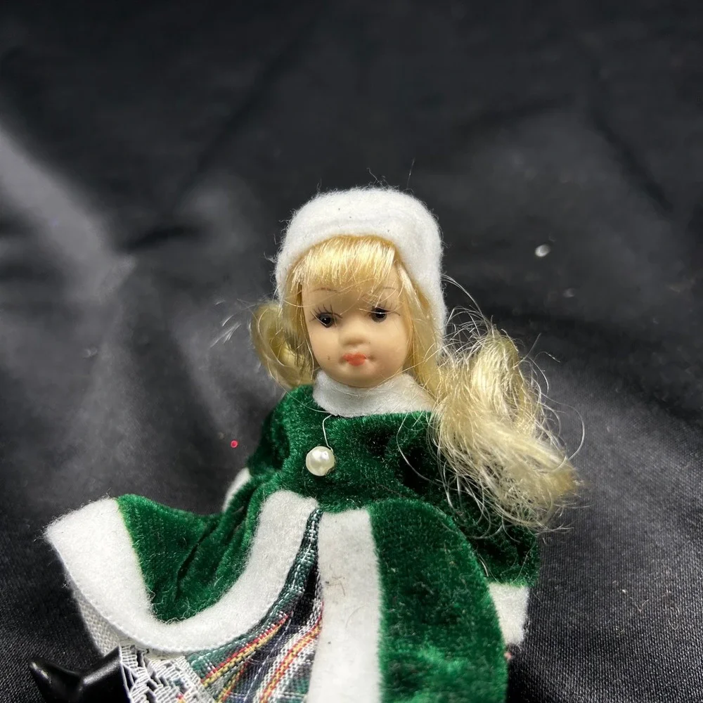 Vintage Miniature Porcelain Doll Green Velvet Winter Coat Blonde Pigtails 4 inch